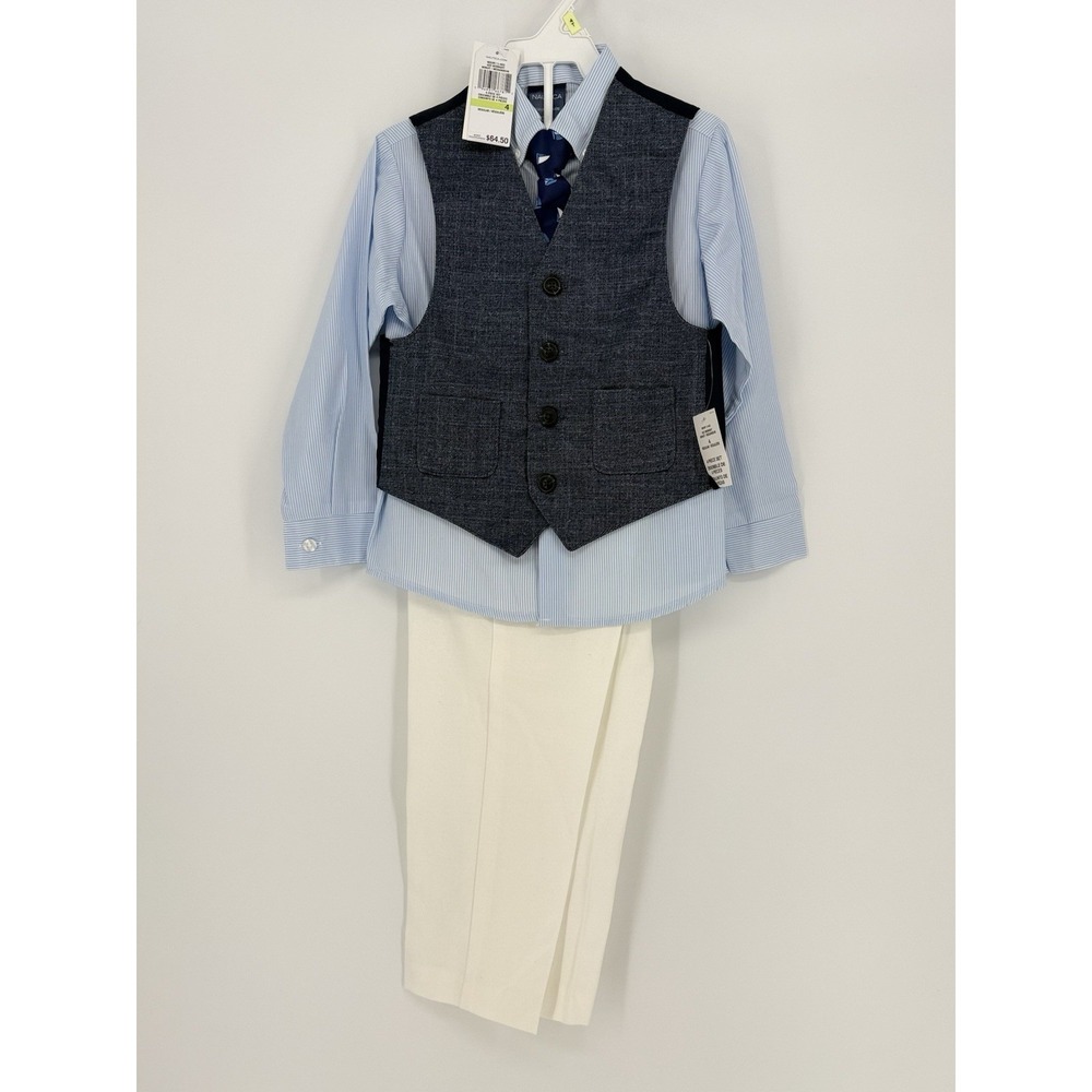 Nautica Boys Kids 4 Piece Linen Look Vest With Tie‎ Set Beige Blue Size 4